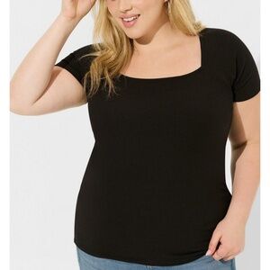 Torrid - Fitted Super Soft Rib Black Square Neck Stretch Short Sleeve Top - 4X